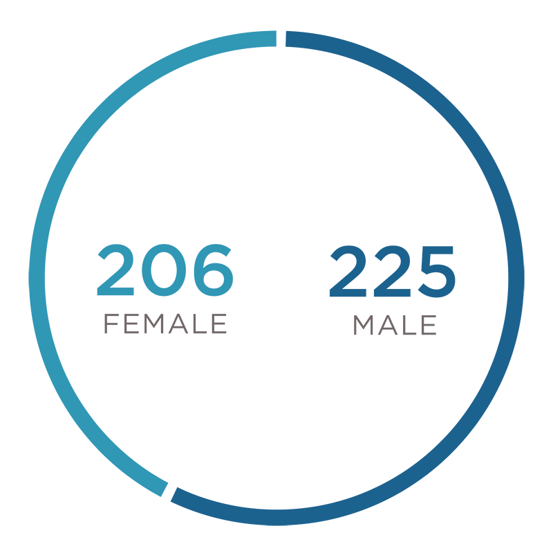 206 Female Employees, and 225 Male Employees